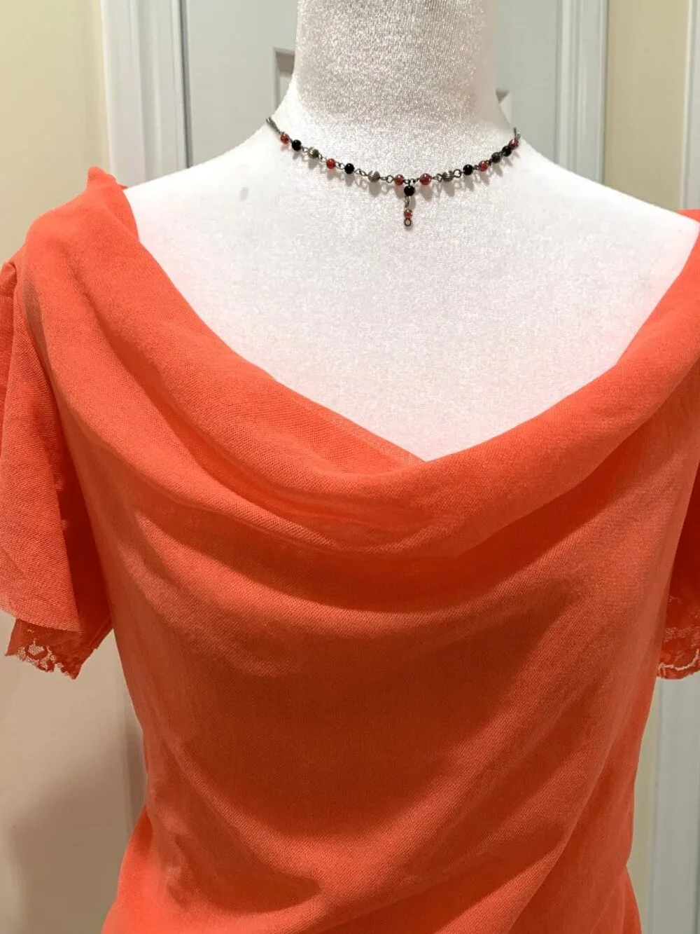 Worthington Orange Cowl Neck Blouse with Lace Flutter Short Sleeves Women L